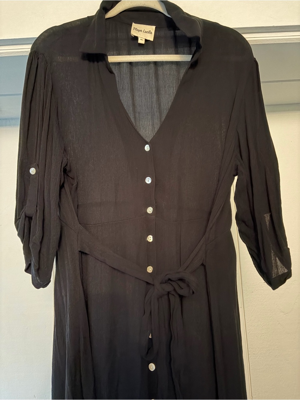 Classic Black Button-Front Midi Cover Up Dress with Tie Waist
